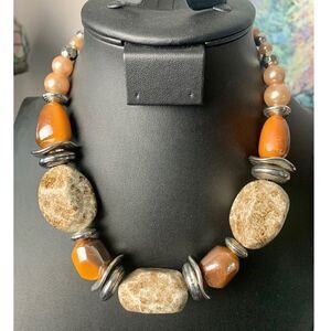 Statement Faux Cabochons and Pearls Necklace, Unmarked